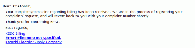 Auto System Generated Reply received for registering complain @ ke web protal 