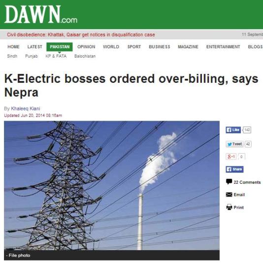 Dawn News story "K Electric Bosses ordered over Billing"
