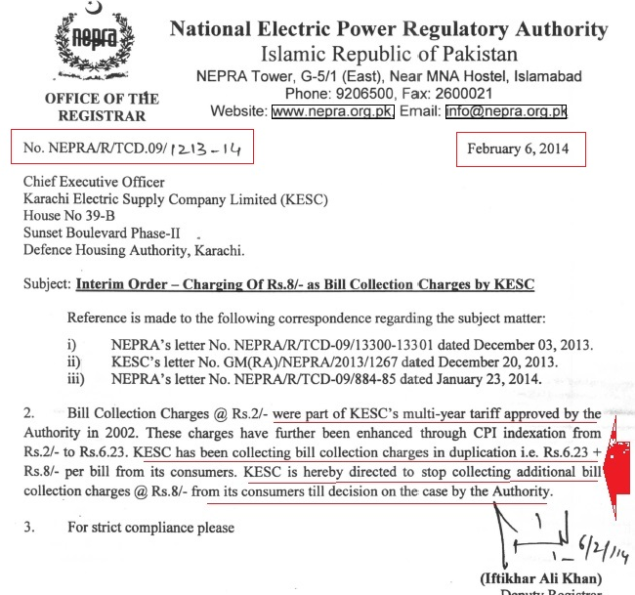 NEPRA interim Order for Bank Collection Charges Rs.2.